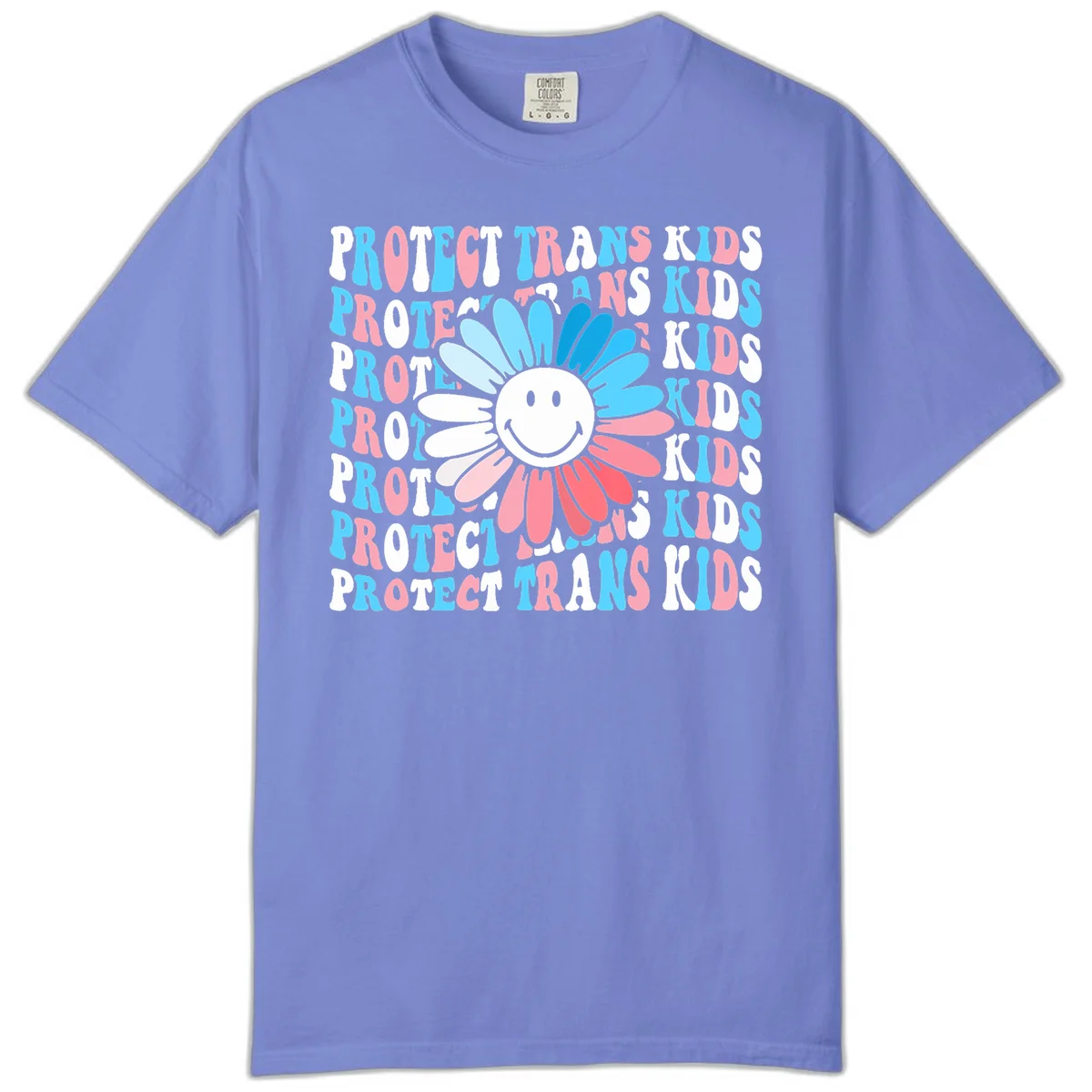 Protect trans kids daisy flower design with smiling face and gradient petals in blue and pink on gray background with repeated text in Flo Blue