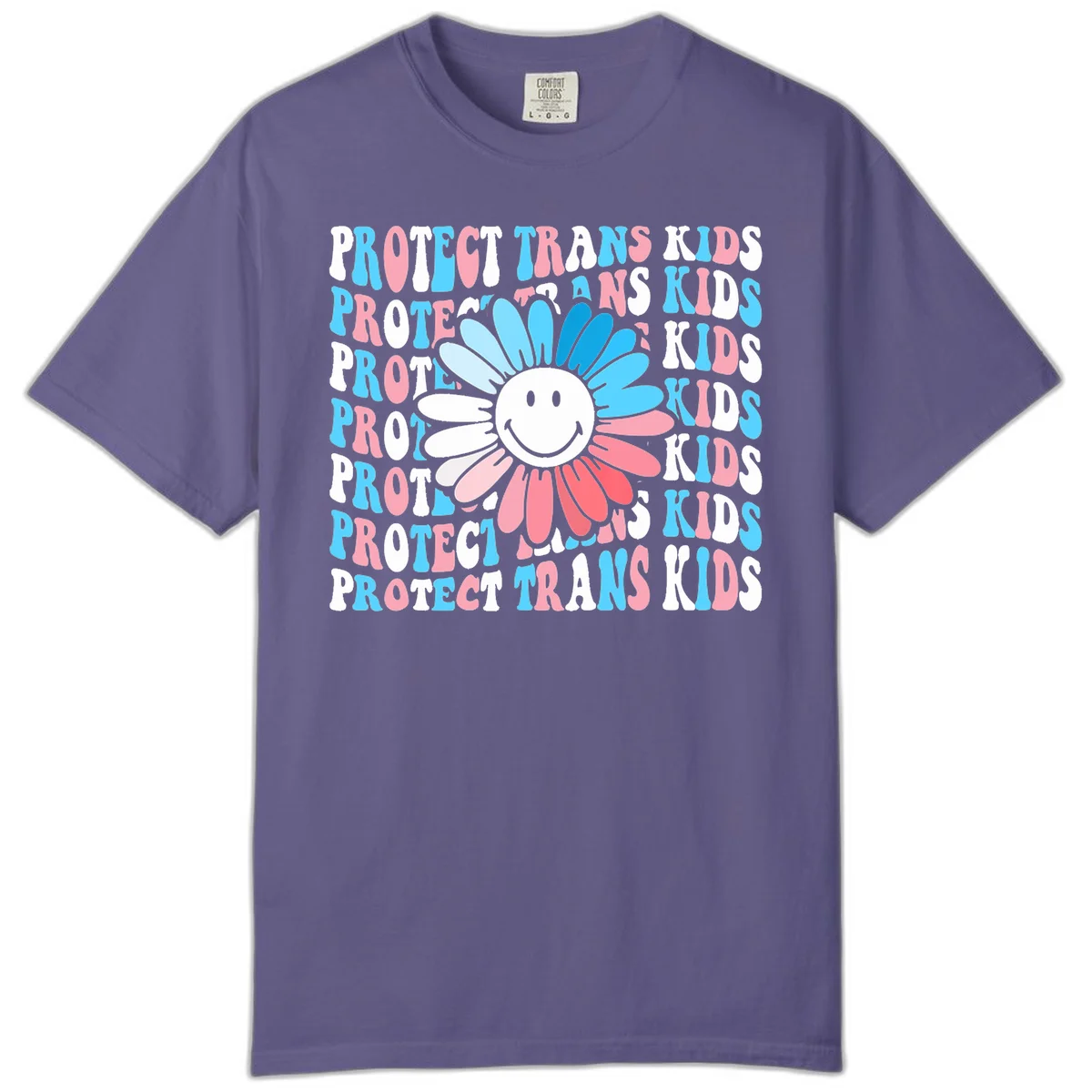 Protect trans kids daisy flower design with smiling face and gradient petals in blue and pink on gray background with repeated text in Grape