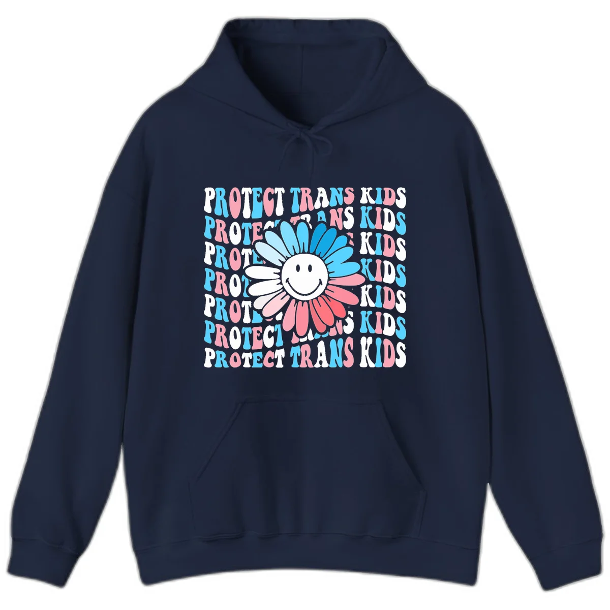 Protect trans kids daisy flower design with smiling face and gradient petals in blue and pink on gray background with repeated text in Navy