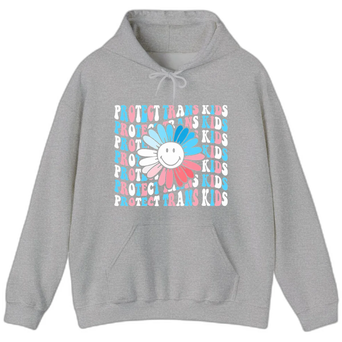 Protect trans kids daisy flower design with smiling face and gradient petals in blue and pink on gray background with repeated text in Sport Grey
