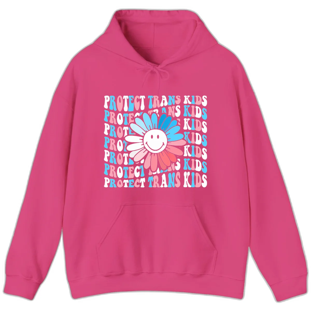 Protect trans kids daisy flower design with smiling face and gradient petals in blue and pink on gray background with repeated text in Heliconia