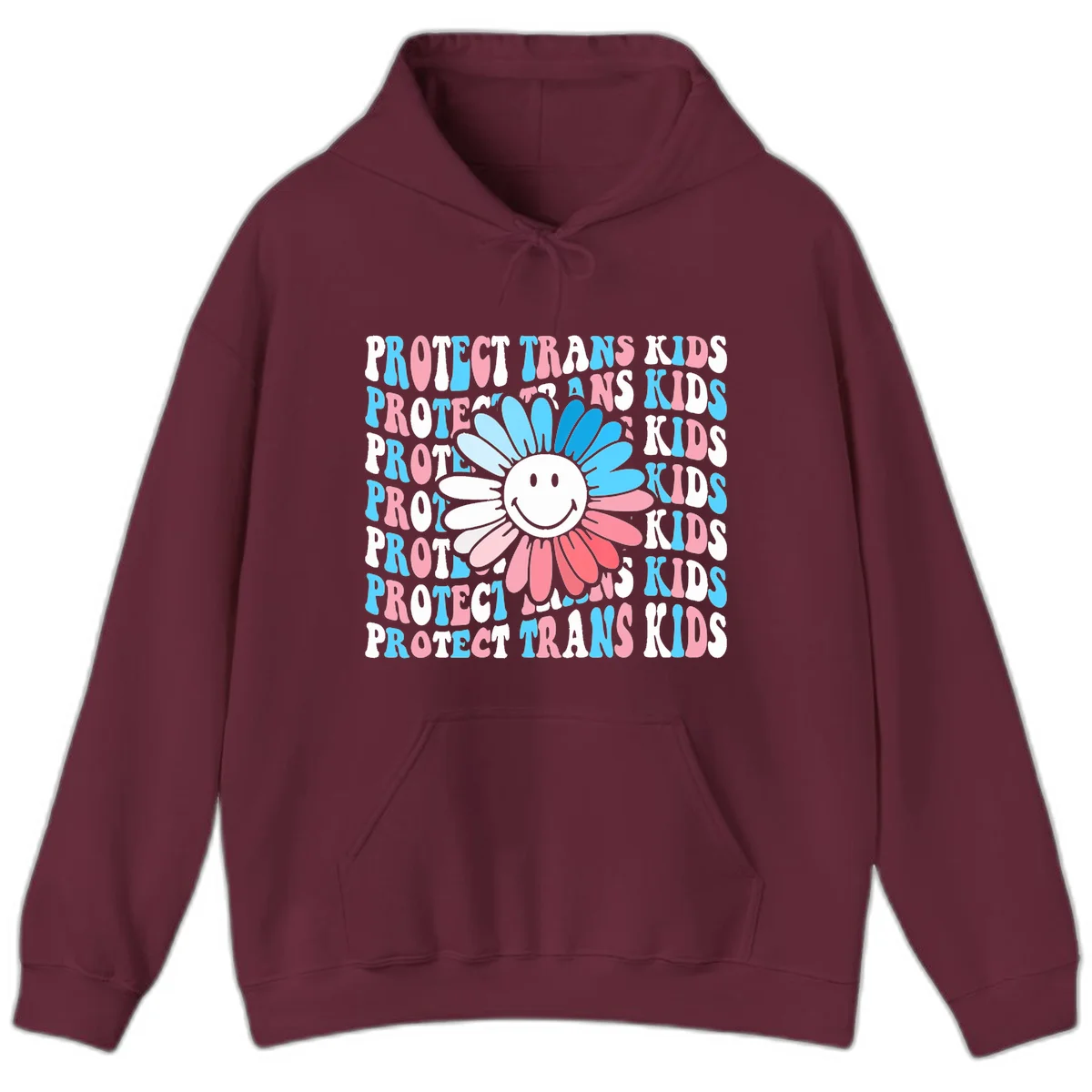 Protect trans kids daisy flower design with smiling face and gradient petals in blue and pink on gray background with repeated text in Maroon