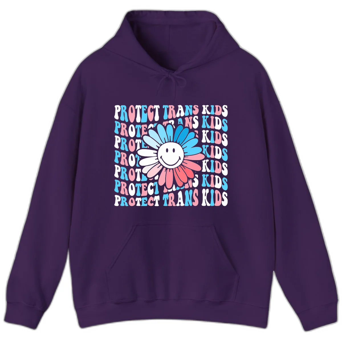 Protect trans kids daisy flower design with smiling face and gradient petals in blue and pink on gray background with repeated text in Purple