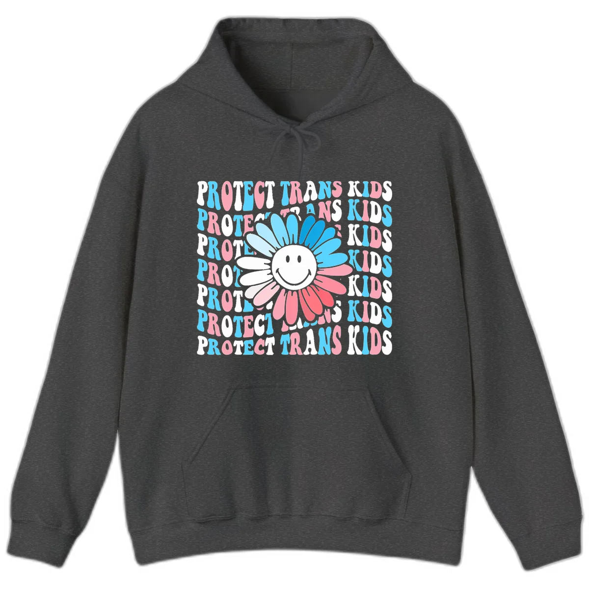 Protect trans kids daisy flower design with smiling face and gradient petals in blue and pink on gray background with repeated text in Dark Heather