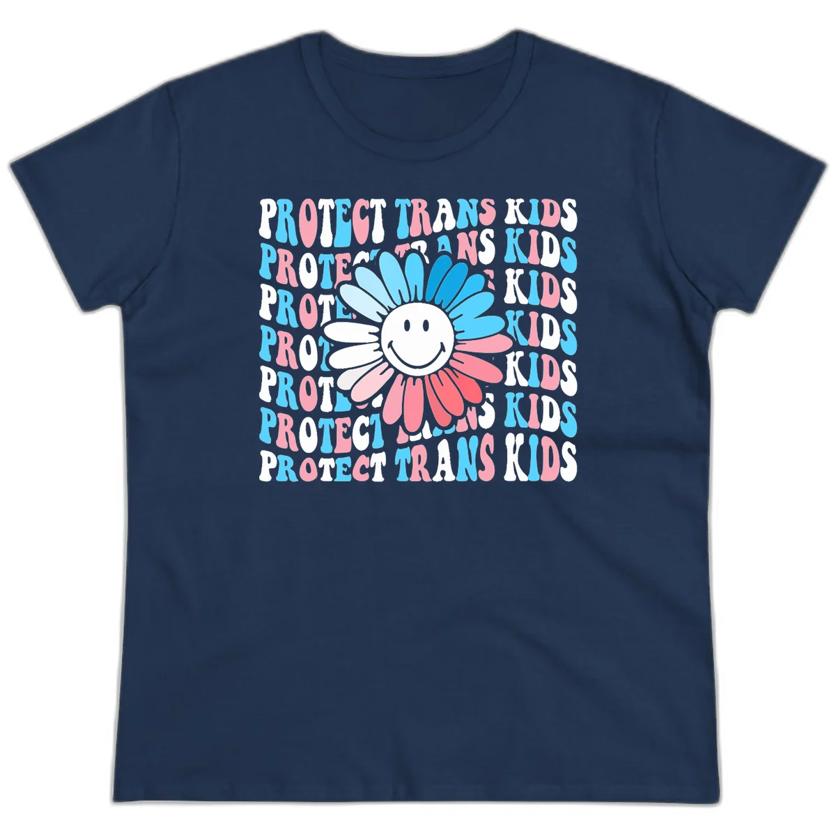 Protect trans kids daisy flower design with smiling face and gradient petals in blue and pink on gray background with repeated text in Navy