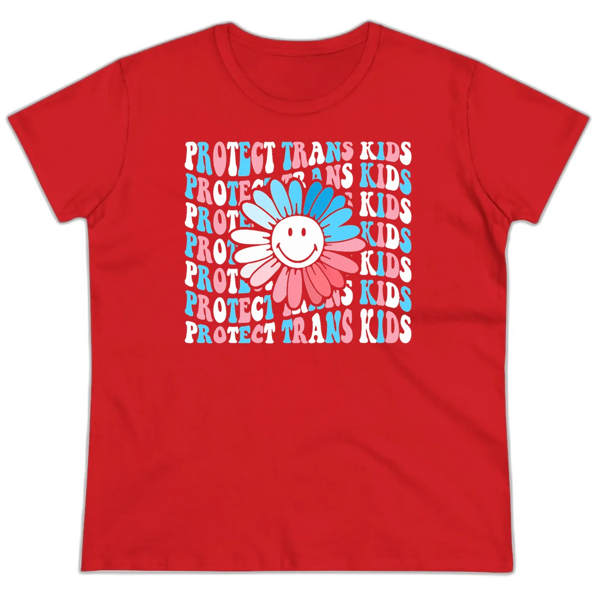 Protect trans kids daisy flower design with smiling face and gradient petals in blue and pink on gray background with repeated text in Red