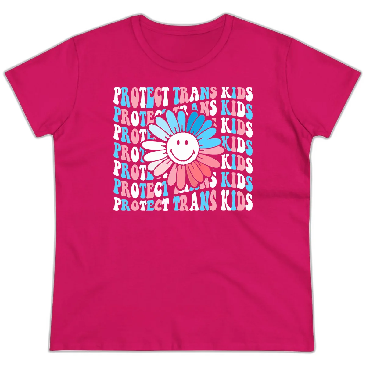 Protect trans kids daisy flower design with smiling face and gradient petals in blue and pink on gray background with repeated text in Heliconia