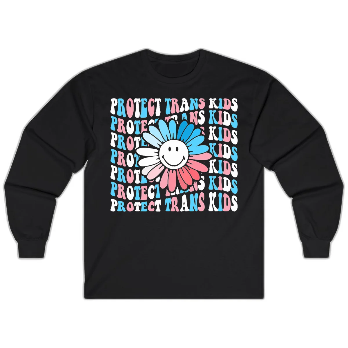 Protect trans kids daisy flower design with smiling face and gradient petals in blue and pink on gray background with repeated text in Black