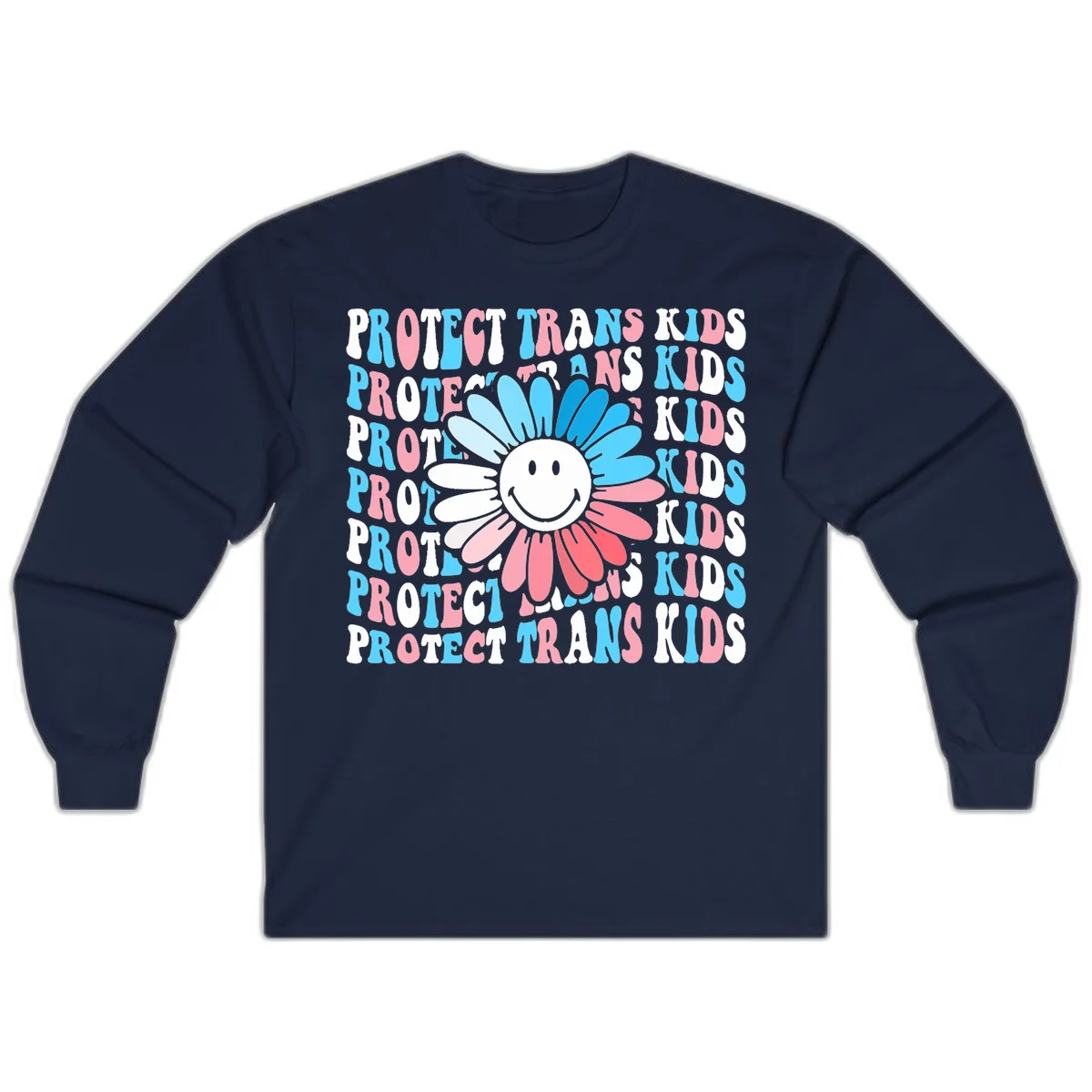 Protect trans kids daisy flower design with smiling face and gradient petals in blue and pink on gray background with repeated text in Navy