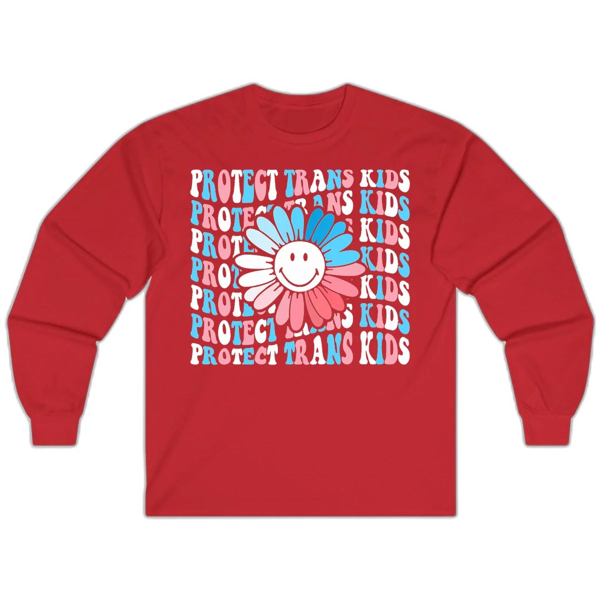 Protect trans kids daisy flower design with smiling face and gradient petals in blue and pink on gray background with repeated text in Red