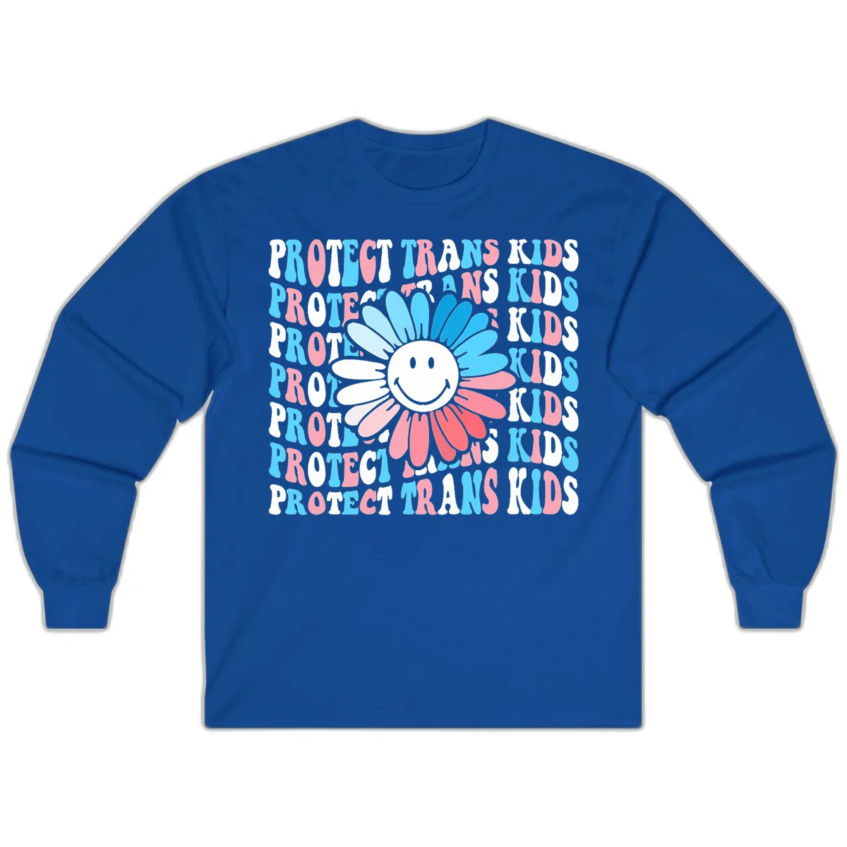 Protect trans kids daisy flower design with smiling face and gradient petals in blue and pink on gray background with repeated text in Royal
