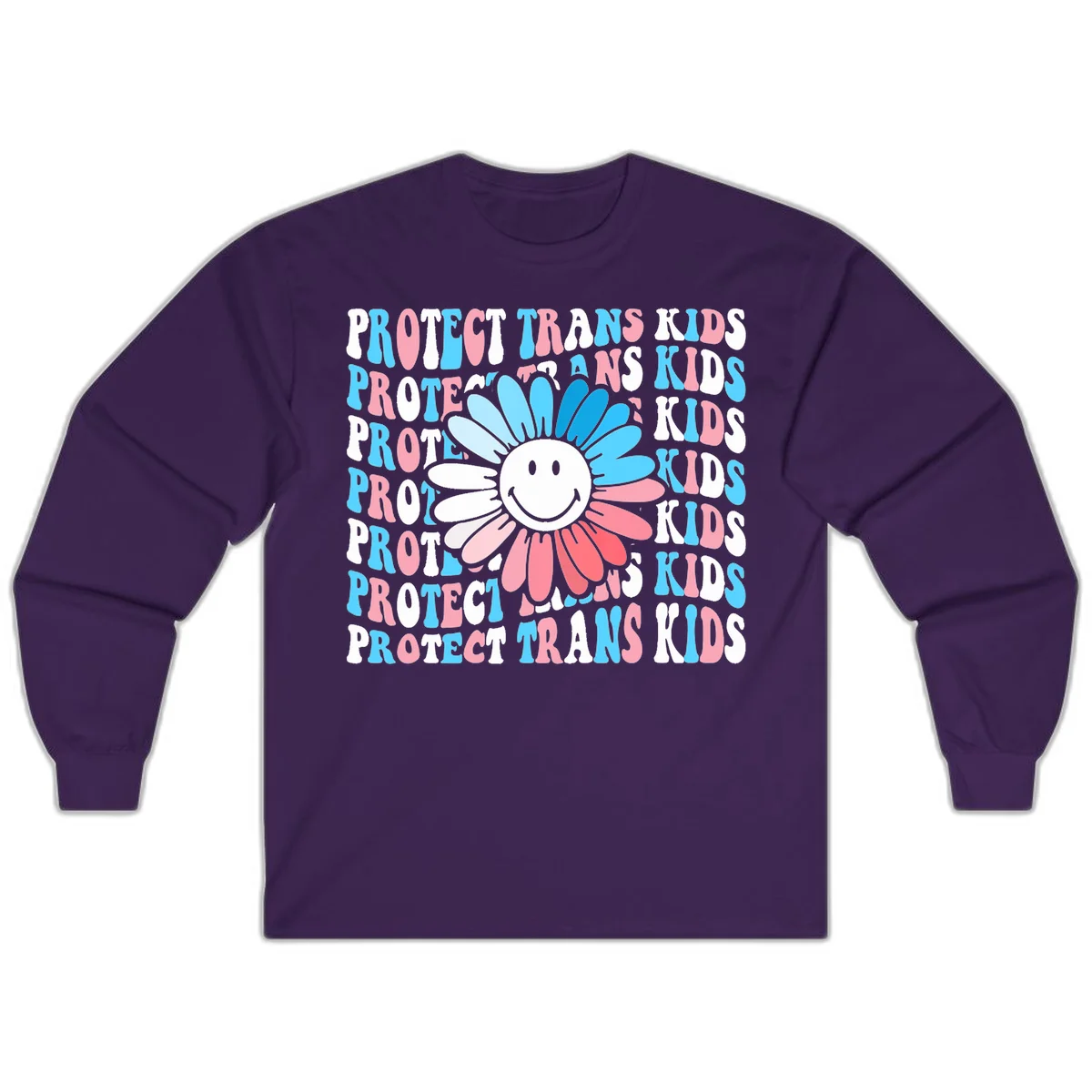 Protect trans kids daisy flower design with smiling face and gradient petals in blue and pink on gray background with repeated text in Purple