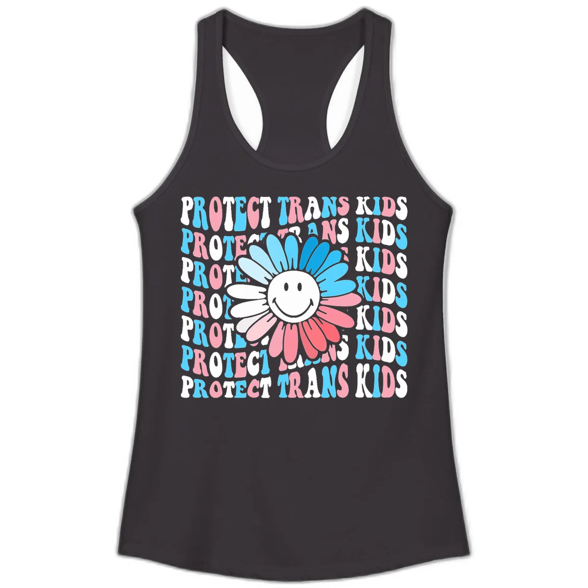 Protect trans kids daisy flower design with smiling face and gradient petals in blue and pink on gray background with repeated text in Black