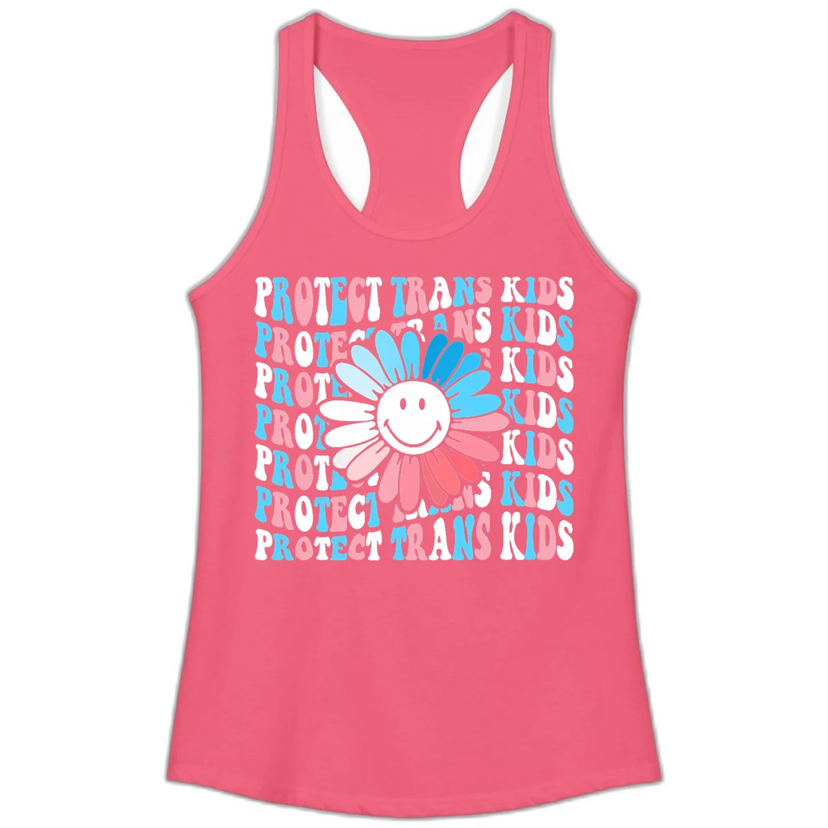 Protect trans kids daisy flower design with smiling face and gradient petals in blue and pink on gray background with repeated text in Hot Pink