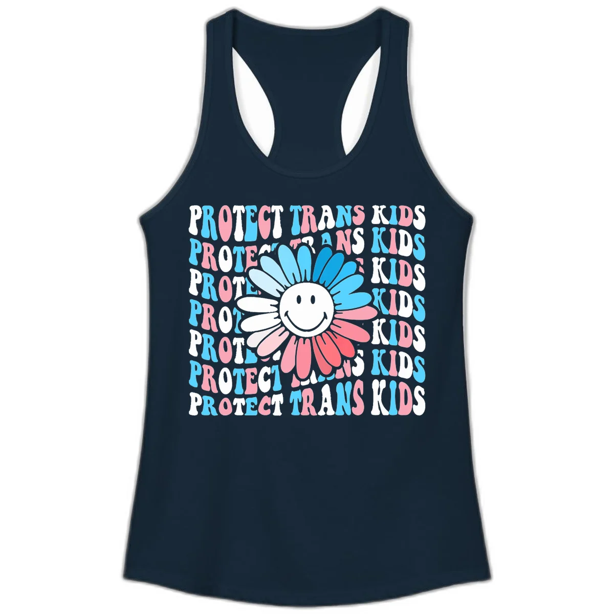 Protect trans kids daisy flower design with smiling face and gradient petals in blue and pink on gray background with repeated text in Solid Midnight Navy