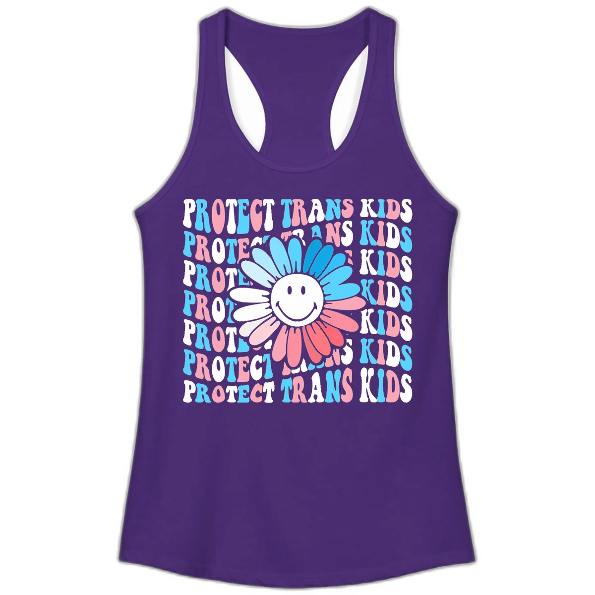 Protect trans kids daisy flower design with smiling face and gradient petals in blue and pink on gray background with repeated text in Solid Purple Rush