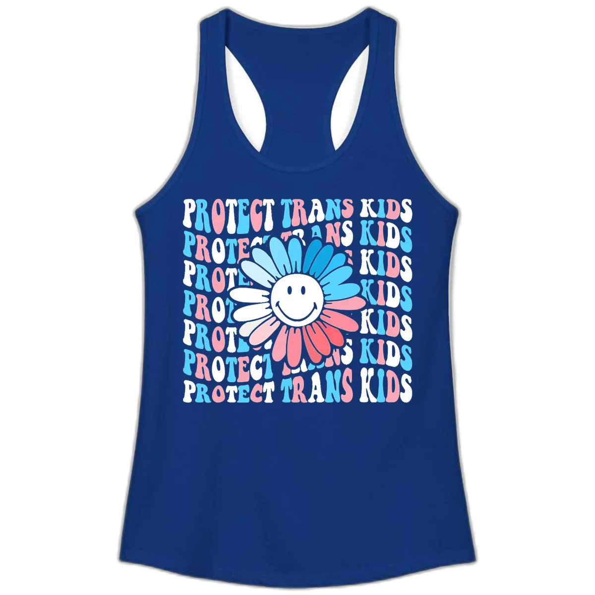 Protect trans kids daisy flower design with smiling face and gradient petals in blue and pink on gray background with repeated text in Solid Royal