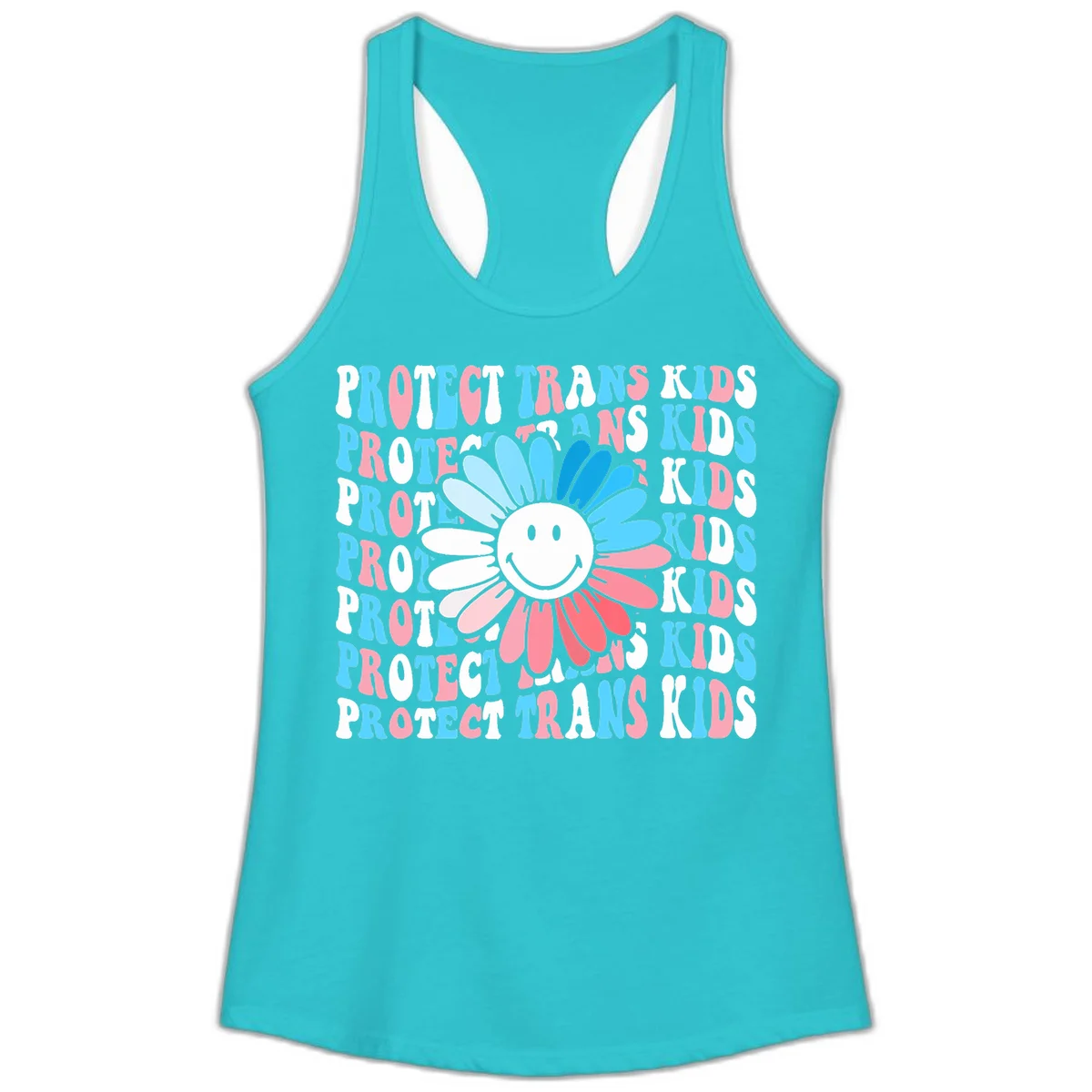 Protect trans kids daisy flower design with smiling face and gradient petals in blue and pink on gray background with repeated text in Solid Tahiti Blue