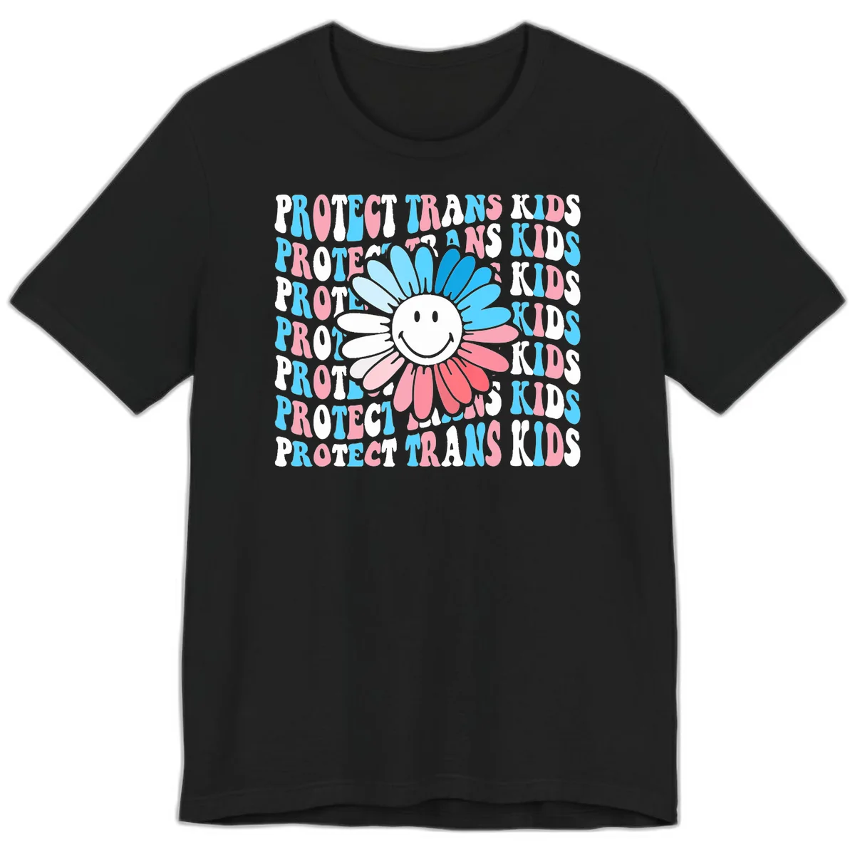 Protect trans kids daisy flower design with smiling face and gradient petals in blue and pink on gray background with repeated text in Black