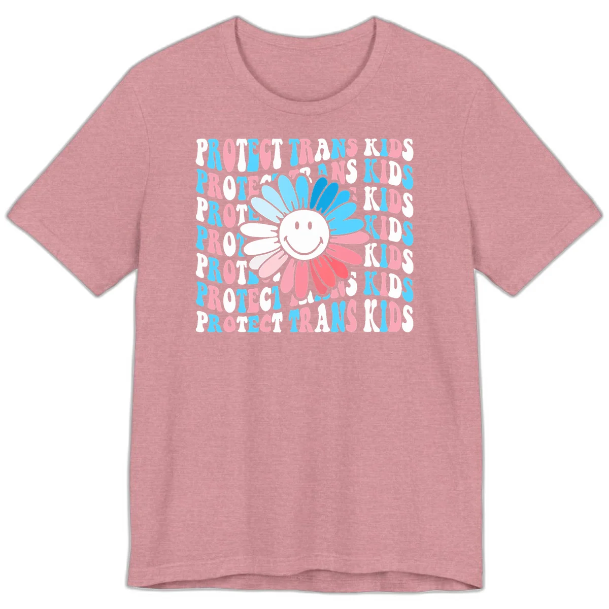 Protect trans kids daisy flower design with smiling face and gradient petals in blue and pink on gray background with repeated text in Heather Orchid