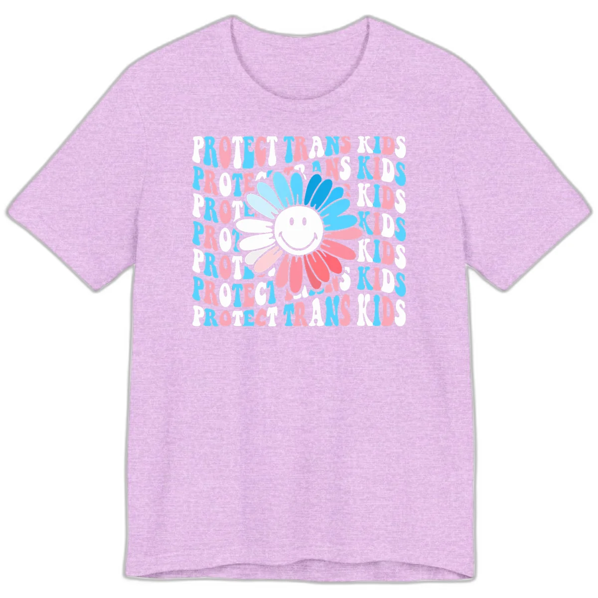 Protect trans kids daisy flower design with smiling face and gradient petals in blue and pink on gray background with repeated text in Heather Prism Lilac