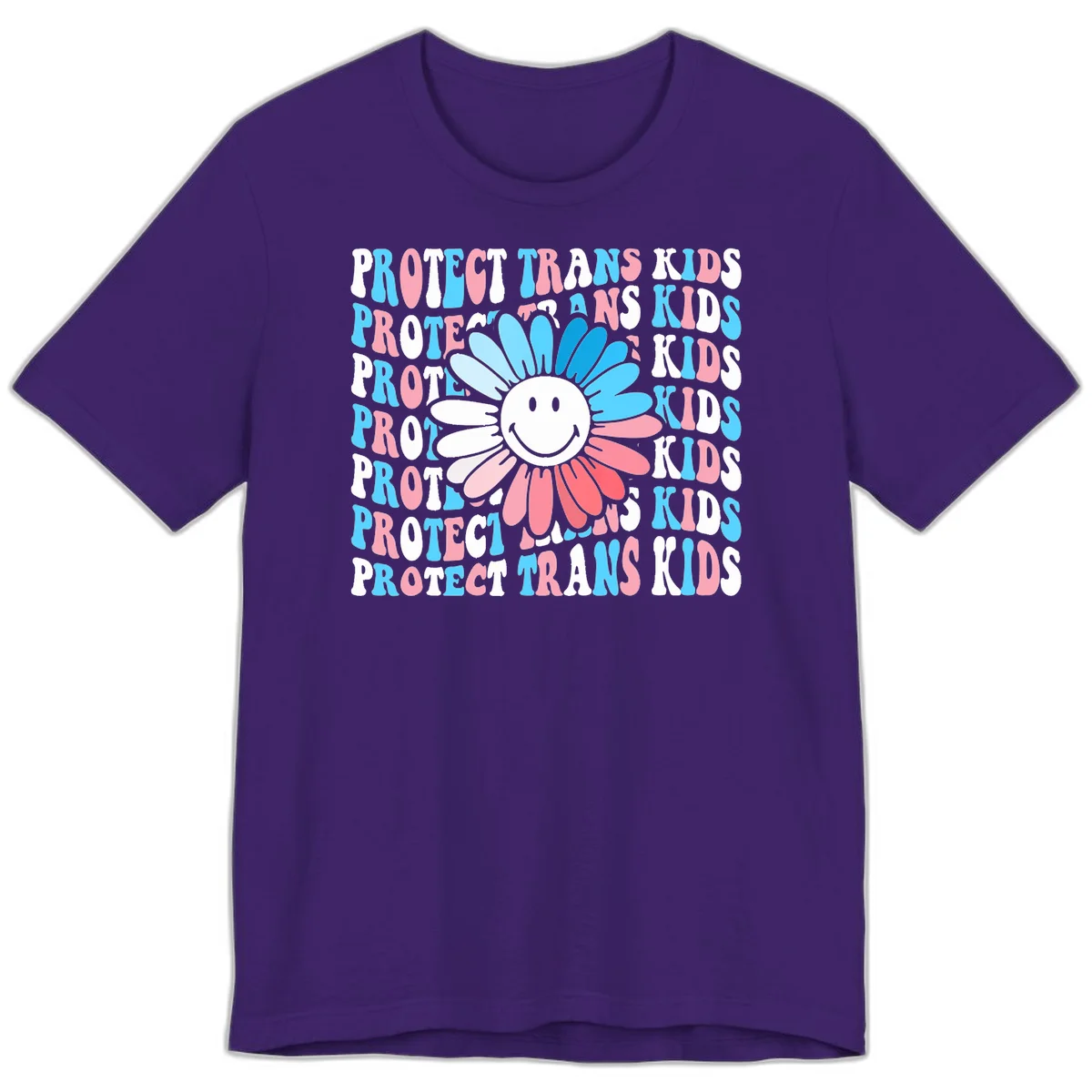 Protect trans kids daisy flower design with smiling face and gradient petals in blue and pink on gray background with repeated text in Team Purple
