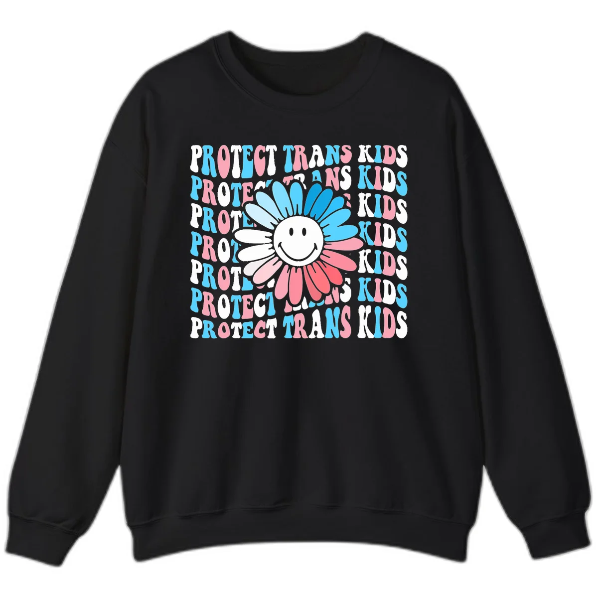 Protect trans kids daisy flower design with smiling face and gradient petals in blue and pink on gray background with repeated text in Black