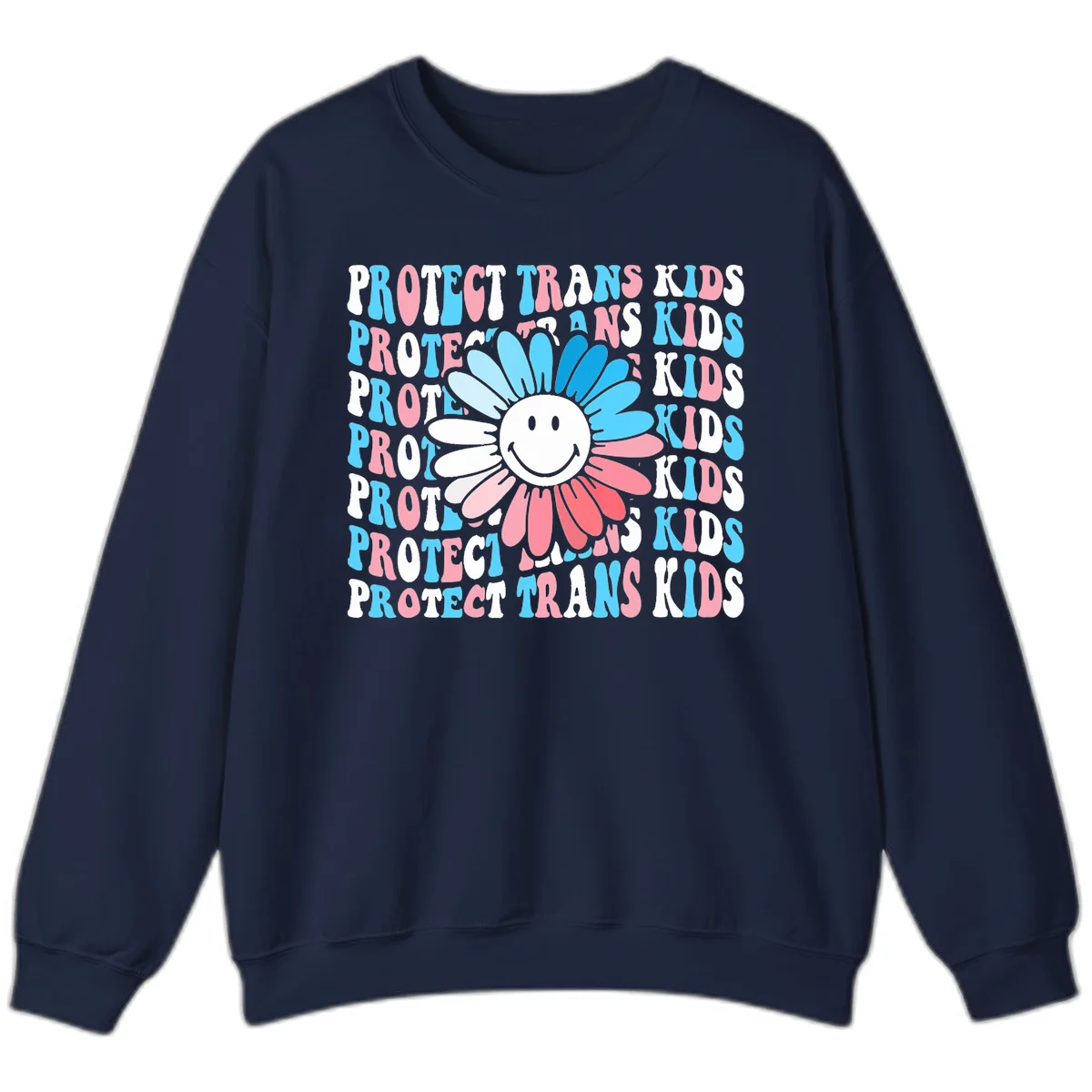 Protect trans kids daisy flower design with smiling face and gradient petals in blue and pink on gray background with repeated text in Navy