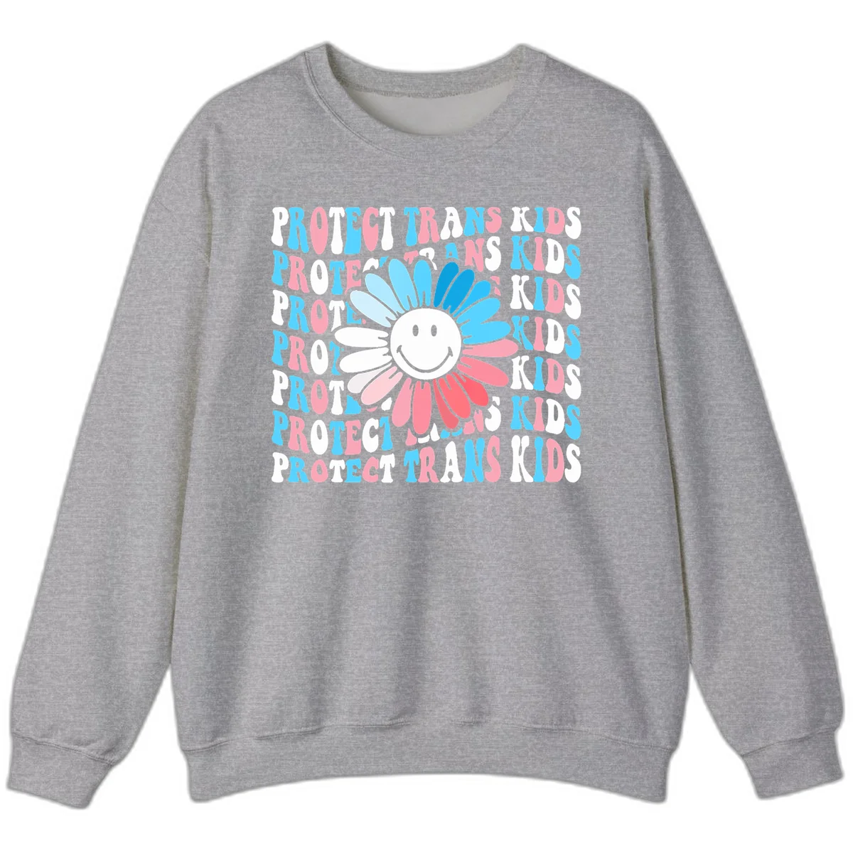 Protect trans kids daisy flower design with smiling face and gradient petals in blue and pink on gray background with repeated text in Sport Grey