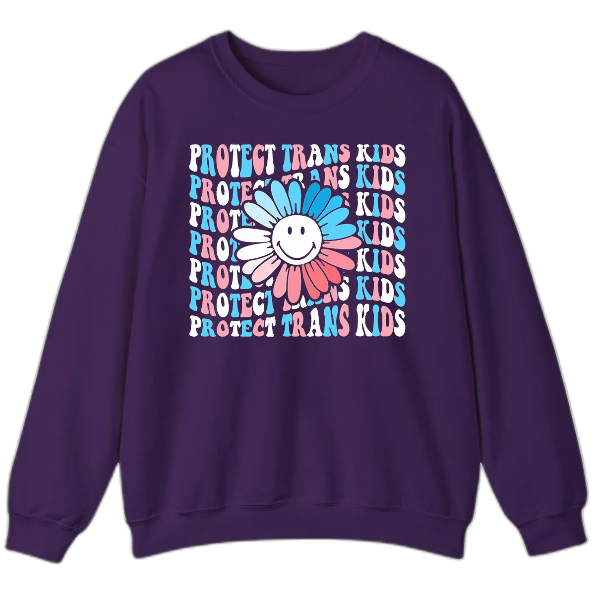 Protect trans kids daisy flower design with smiling face and gradient petals in blue and pink on gray background with repeated text in Purple