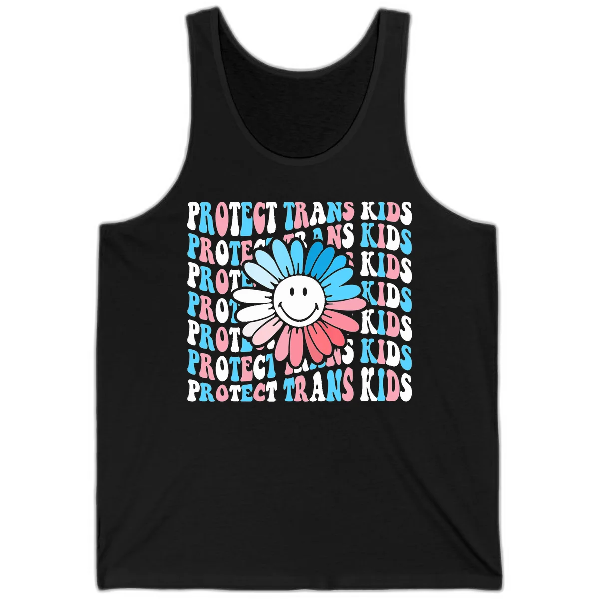 Protect trans kids daisy flower design with smiling face and gradient petals in blue and pink on gray background with repeated text in Black