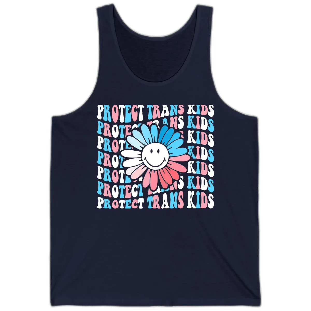 Protect trans kids daisy flower design with smiling face and gradient petals in blue and pink on gray background with repeated text in Navy
