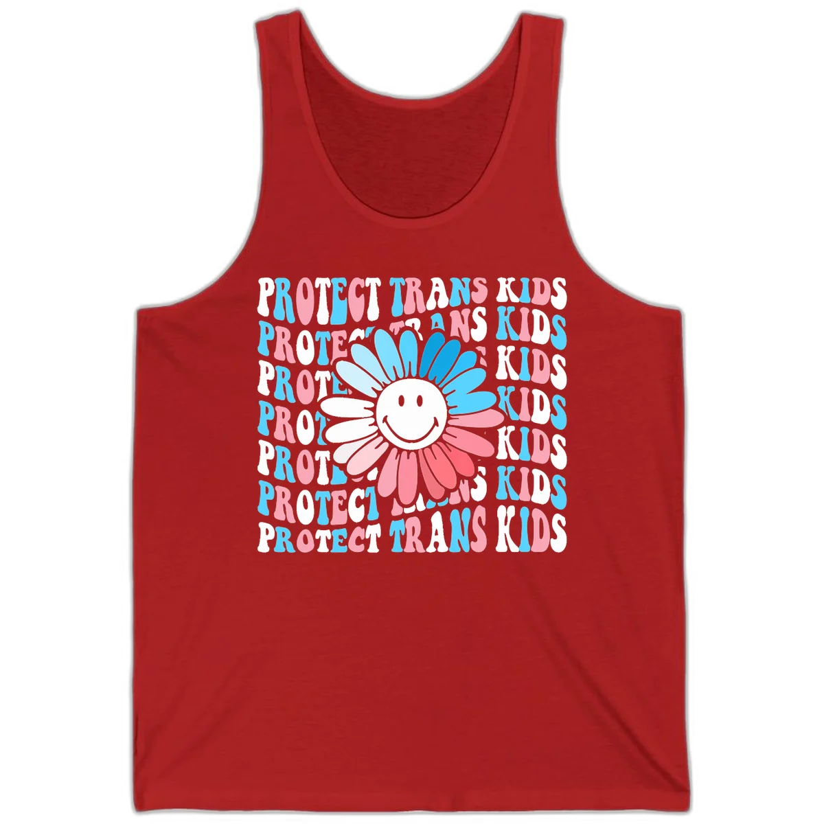 Protect trans kids daisy flower design with smiling face and gradient petals in blue and pink on gray background with repeated text in Red