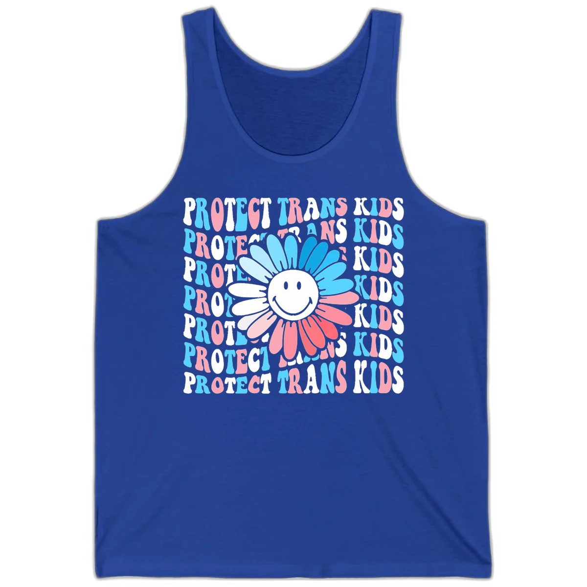 Protect trans kids daisy flower design with smiling face and gradient petals in blue and pink on gray background with repeated text in True Royal