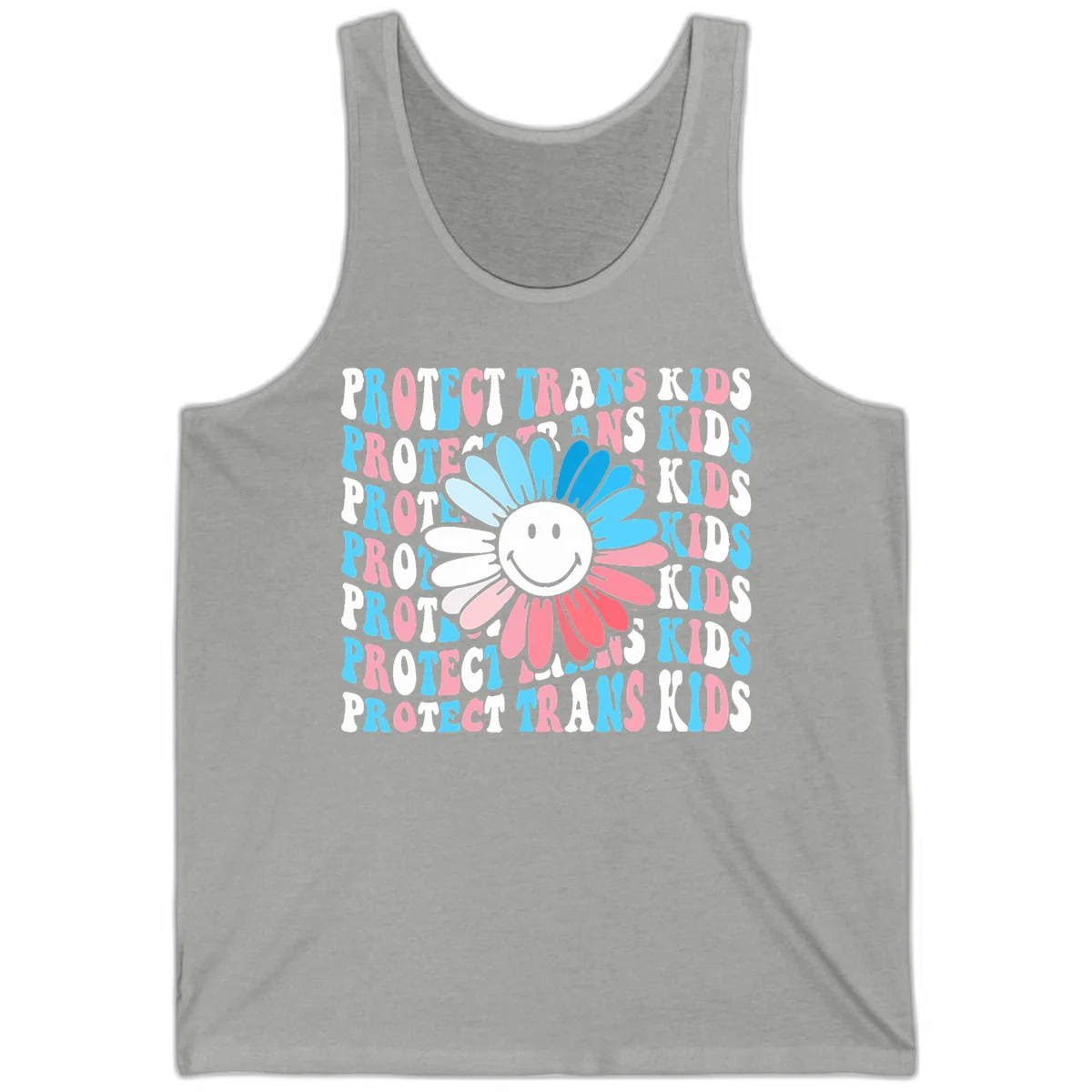 Protect trans kids daisy flower design with smiling face and gradient petals in blue and pink on gray background with repeated text in Athletic Heather