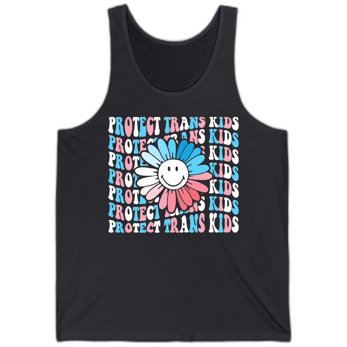 Protect trans kids daisy flower design with smiling face and gradient petals in blue and pink on gray background with repeated text in Dark Grey