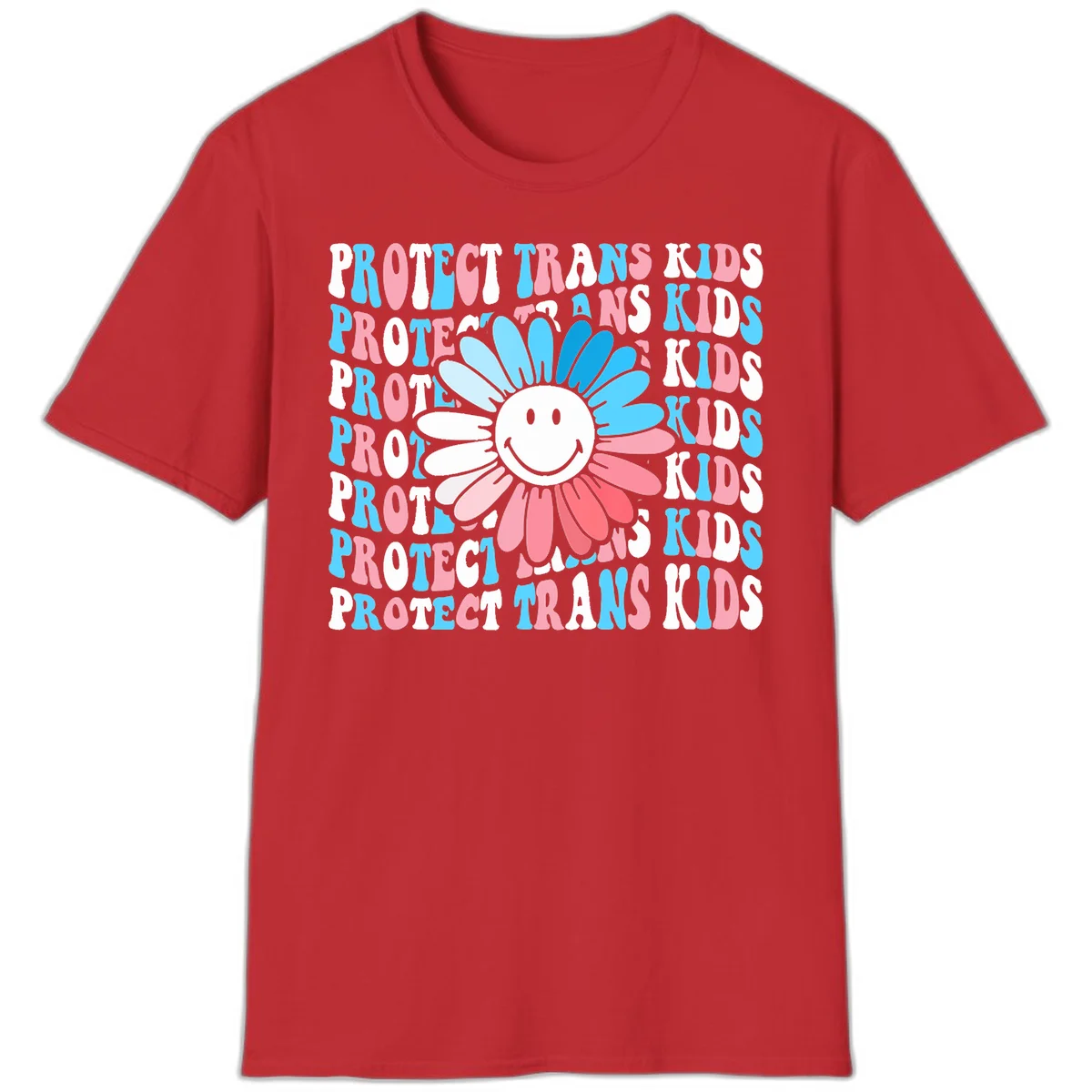 Protect trans kids daisy flower design with smiling face and gradient petals in blue and pink on gray background with repeated text in Red