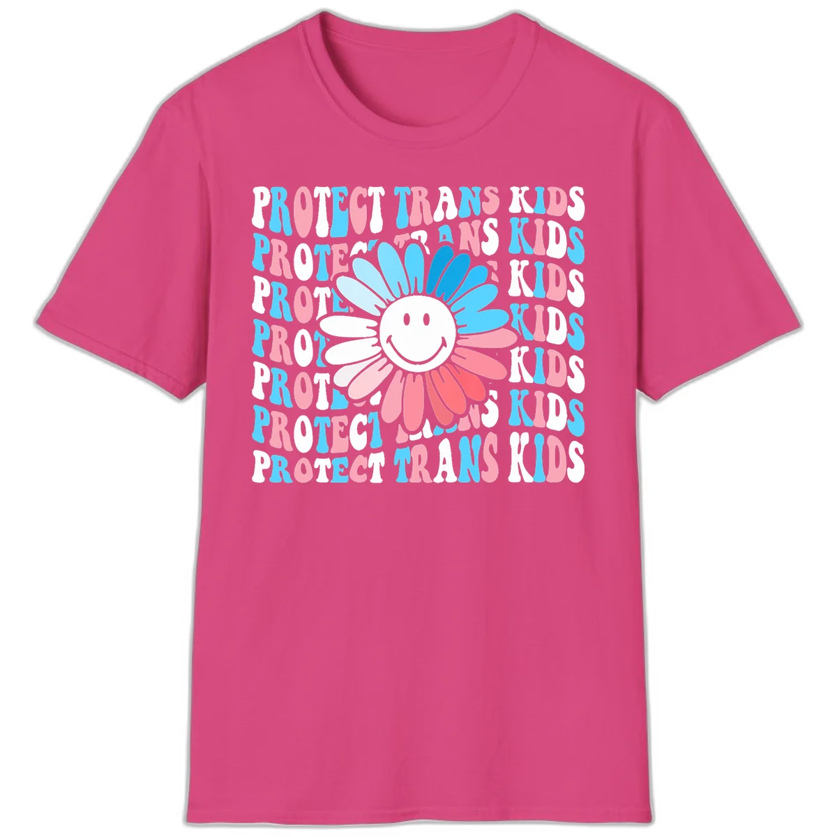 Protect trans kids daisy flower design with smiling face and gradient petals in blue and pink on gray background with repeated text in Heliconia