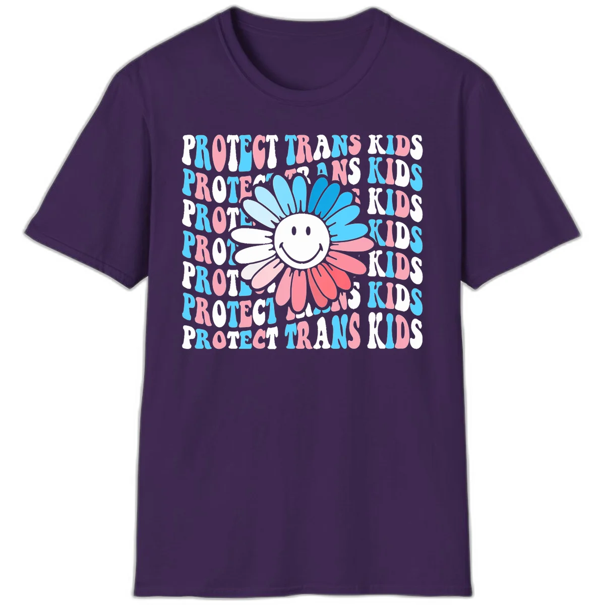 Protect trans kids daisy flower design with smiling face and gradient petals in blue and pink on gray background with repeated text in Purple