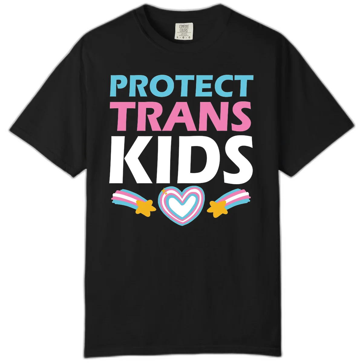 Protect trans kids pride design with cyan, pink and white text, concentric heart, and gold shooting stars with rainbow trails in Black