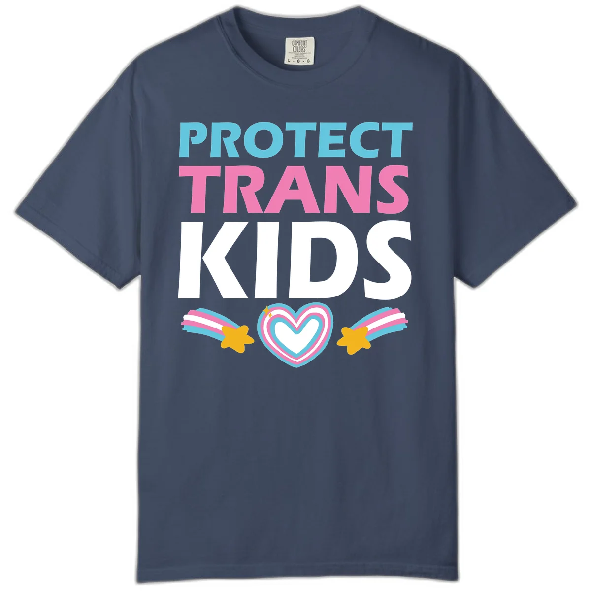 Protect trans kids pride design with cyan, pink and white text, concentric heart, and gold shooting stars with rainbow trails in Midnight
