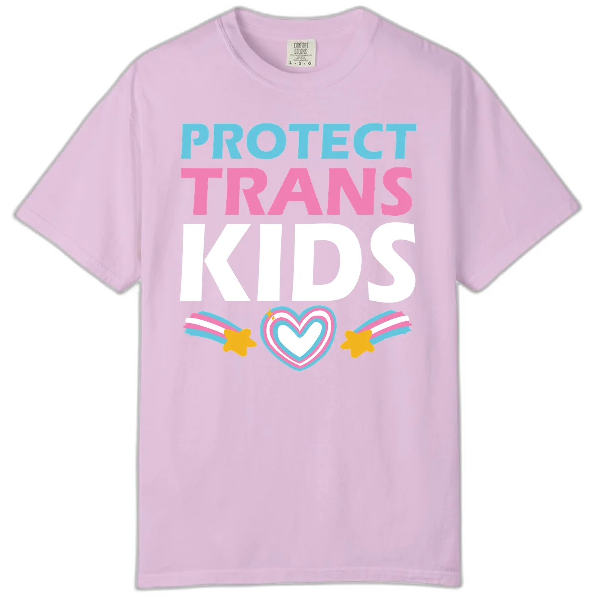 Protect trans kids pride design with cyan, pink and white text, concentric heart, and gold shooting stars with rainbow trails in Orchid