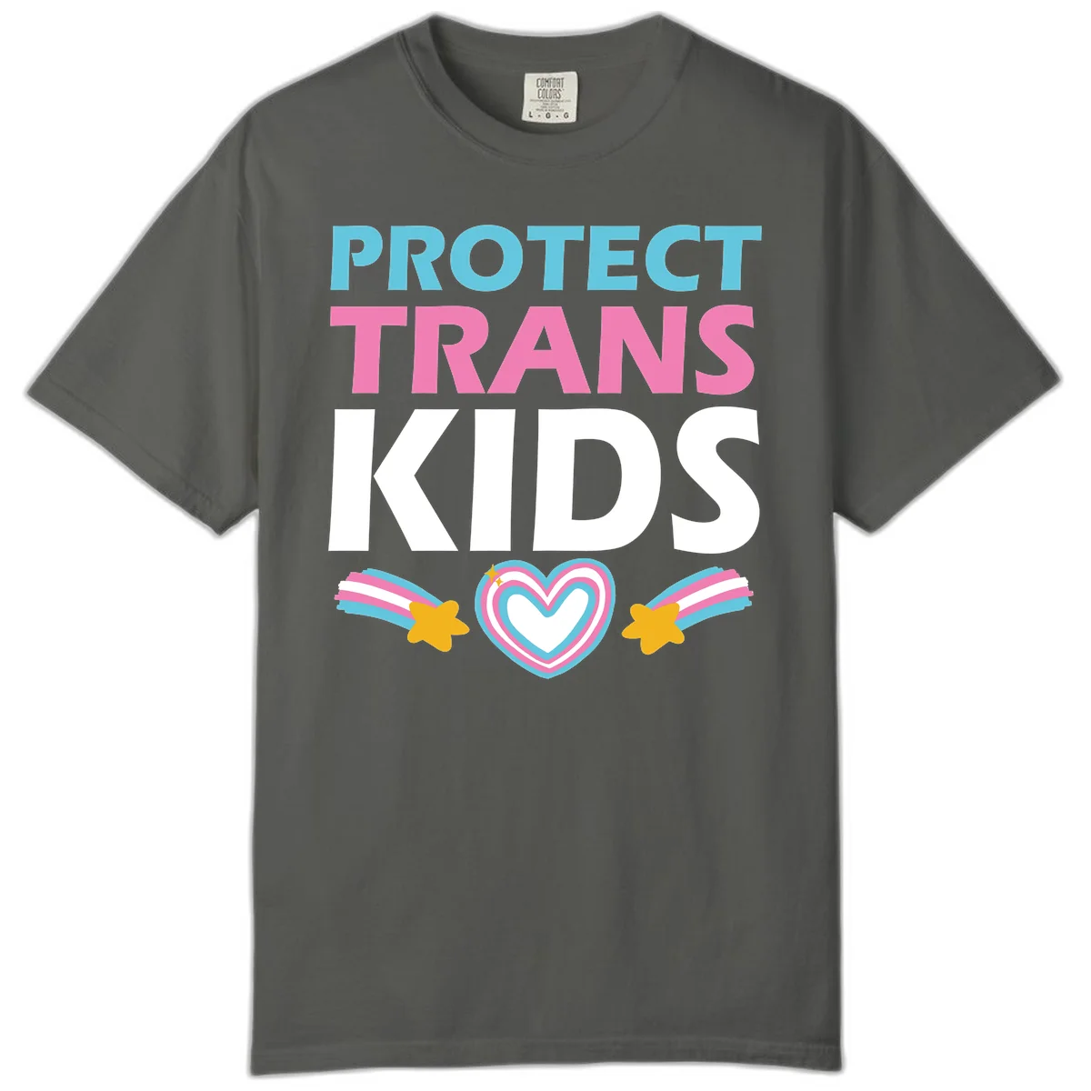 Protect trans kids pride design with cyan, pink and white text, concentric heart, and gold shooting stars with rainbow trails in Pepper