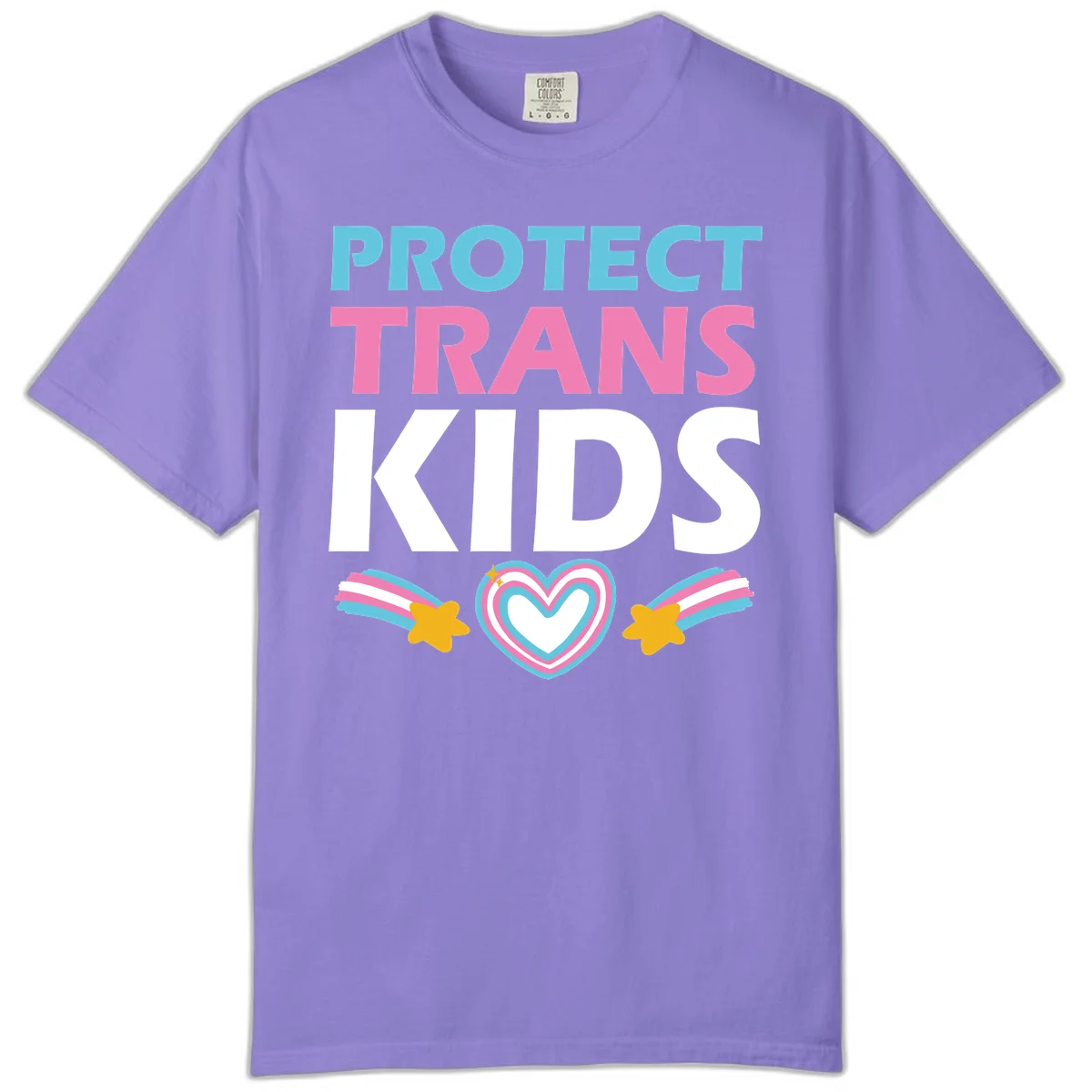 Protect trans kids pride design with cyan, pink and white text, concentric heart, and gold shooting stars with rainbow trails in Violet