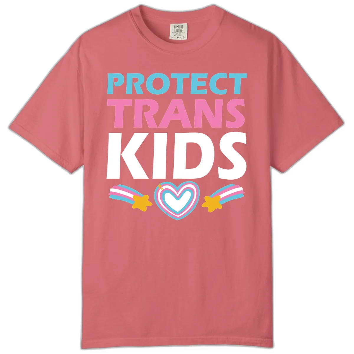 Protect trans kids pride design with cyan, pink and white text, concentric heart, and gold shooting stars with rainbow trails in Watermelon