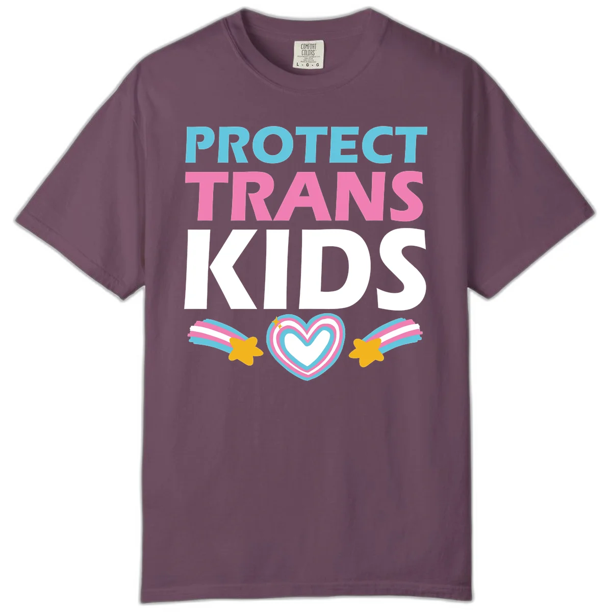 Protect trans kids pride design with cyan, pink and white text, concentric heart, and gold shooting stars with rainbow trails in Berry