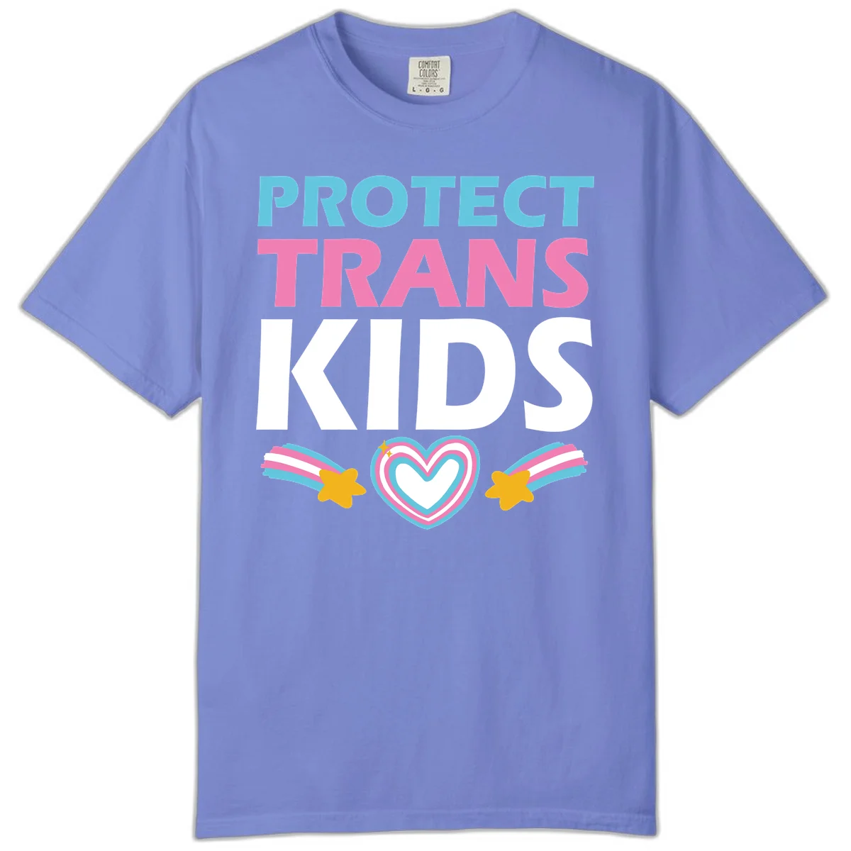 Protect trans kids pride design with cyan, pink and white text, concentric heart, and gold shooting stars with rainbow trails in Flo Blue