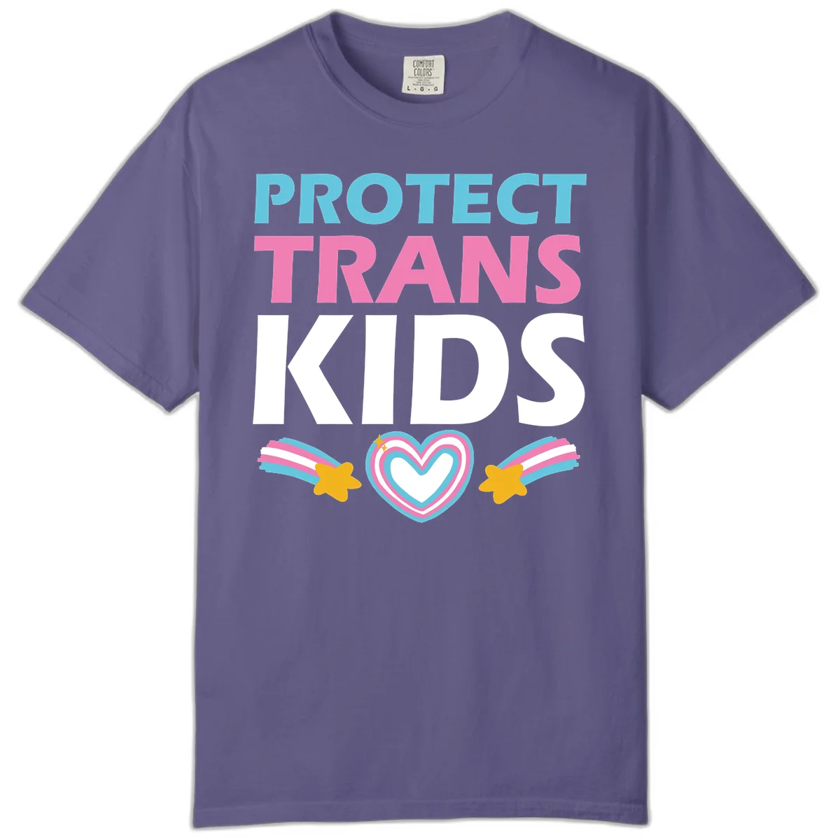 Protect trans kids pride design with cyan, pink and white text, concentric heart, and gold shooting stars with rainbow trails in Grape