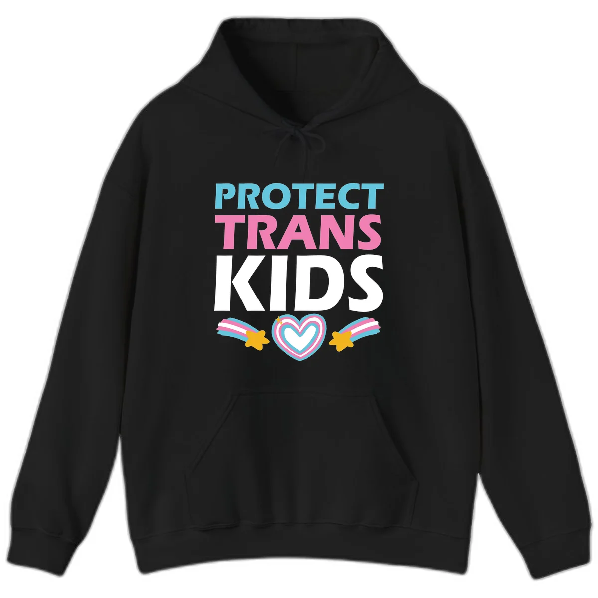 Protect trans kids pride design with cyan, pink and white text, concentric heart, and gold shooting stars with rainbow trails in Black