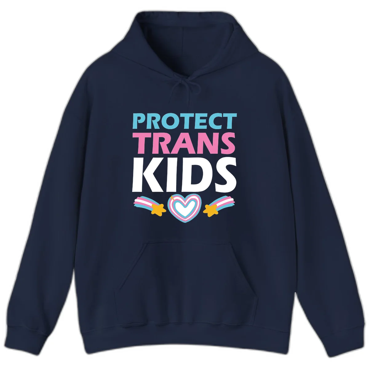 Protect trans kids pride design with cyan, pink and white text, concentric heart, and gold shooting stars with rainbow trails in Navy